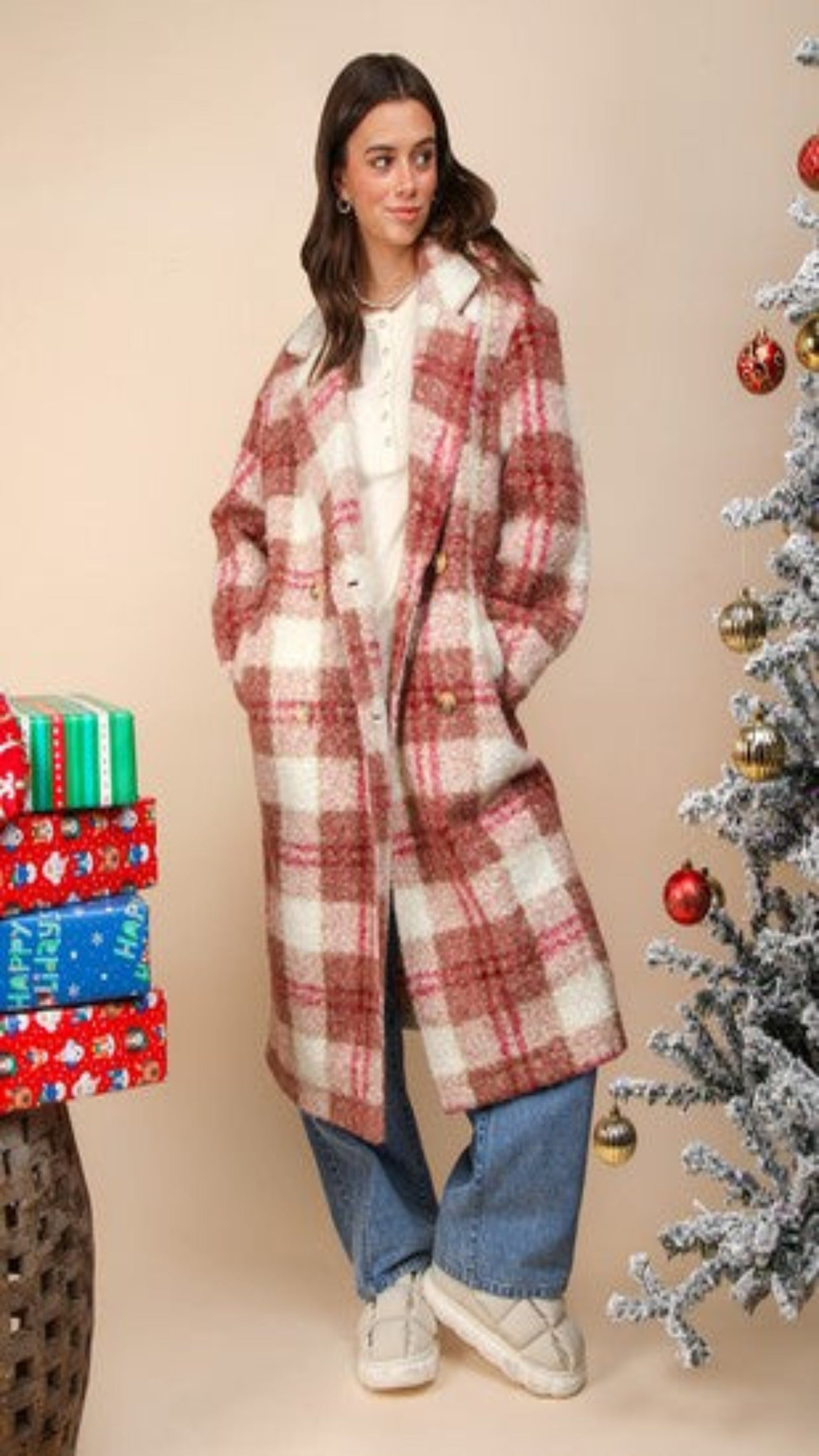 Aspen Morning Oversized Plaid Button Down Coat - Rose