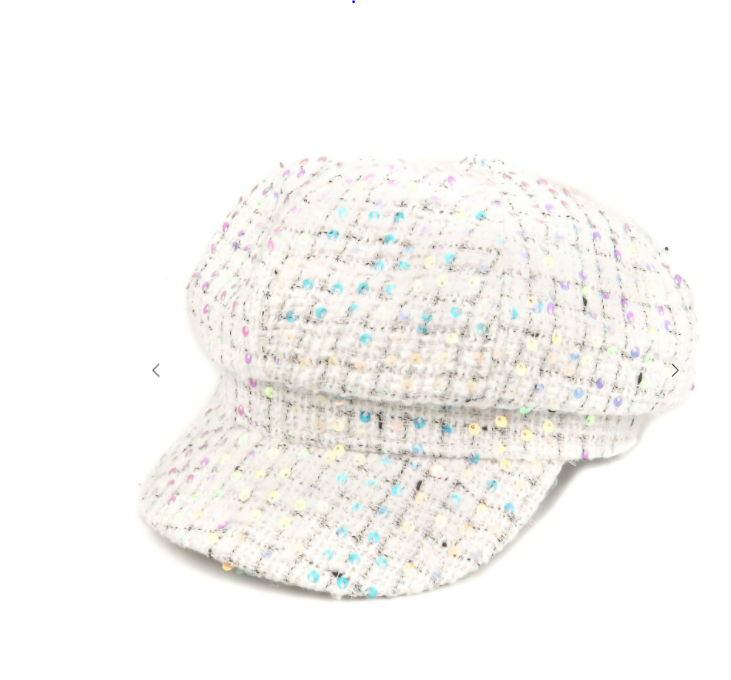 Sequin Smile Cabbie Hat - White