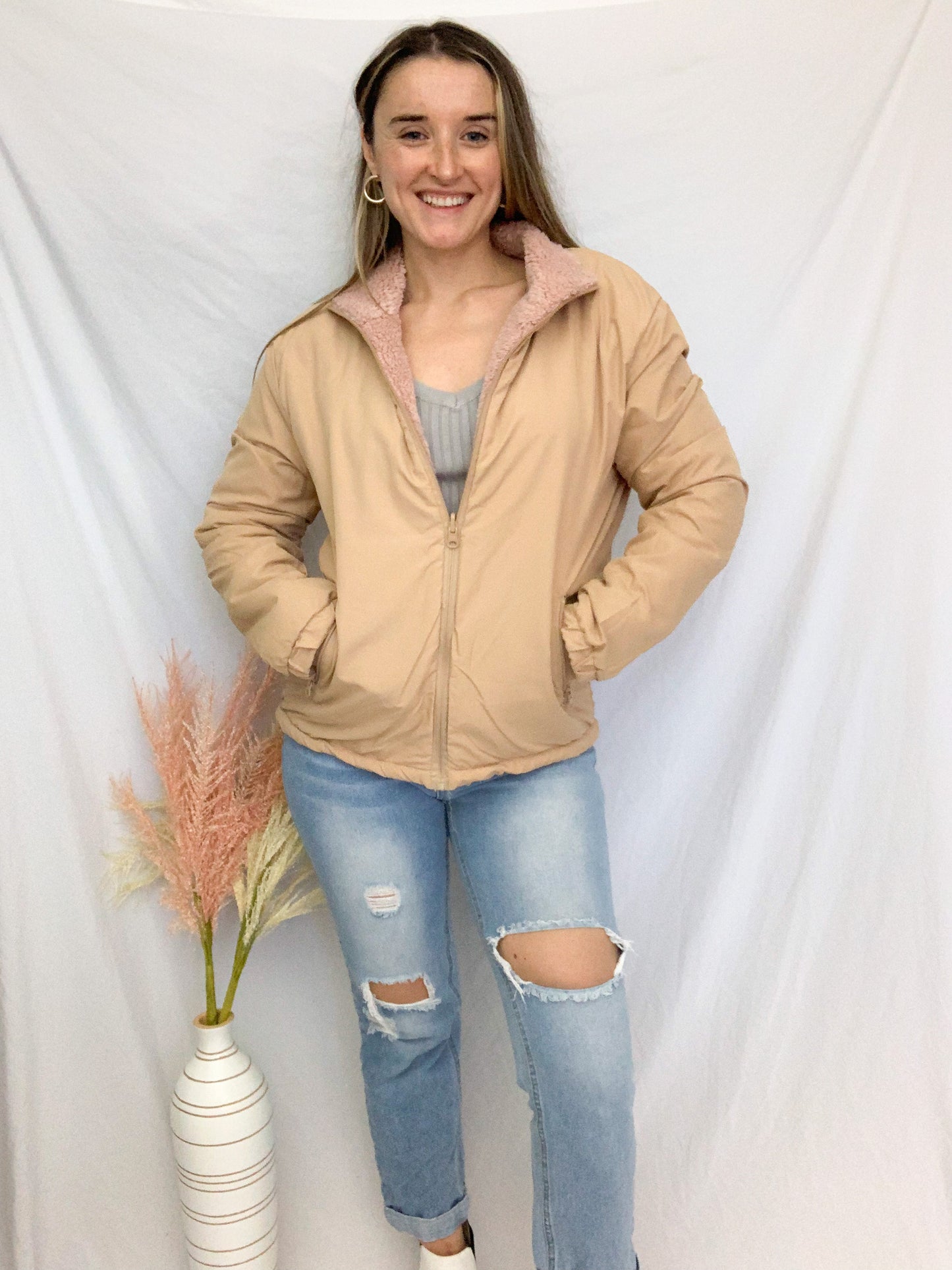 Kody Reversible Sherpa Jacket - Pink/Taupe