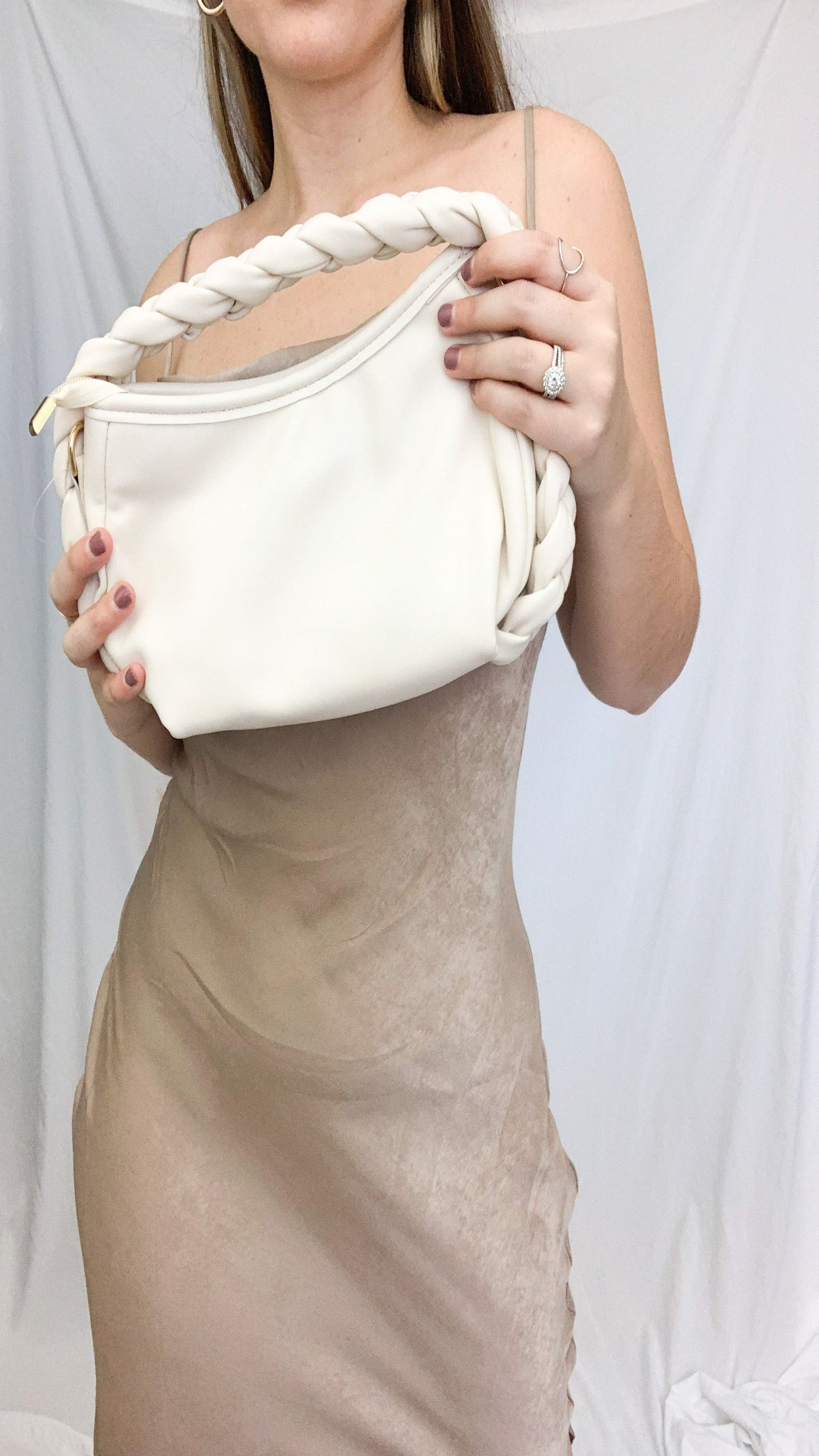 Katelynn Faux Leather Braid Twist Handle Bag - Ivory