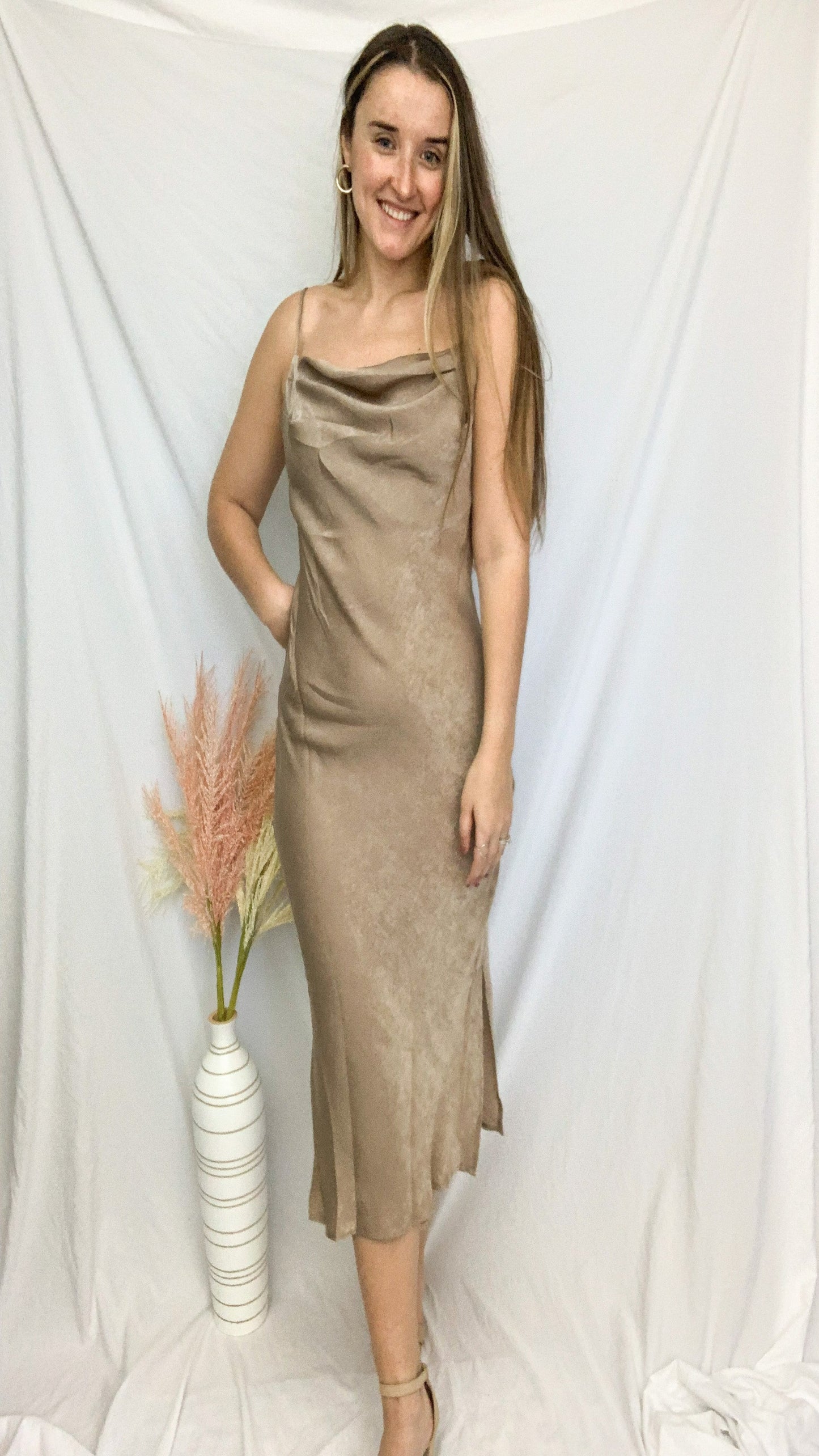 Rene Satin Cowl Dress - Taupe