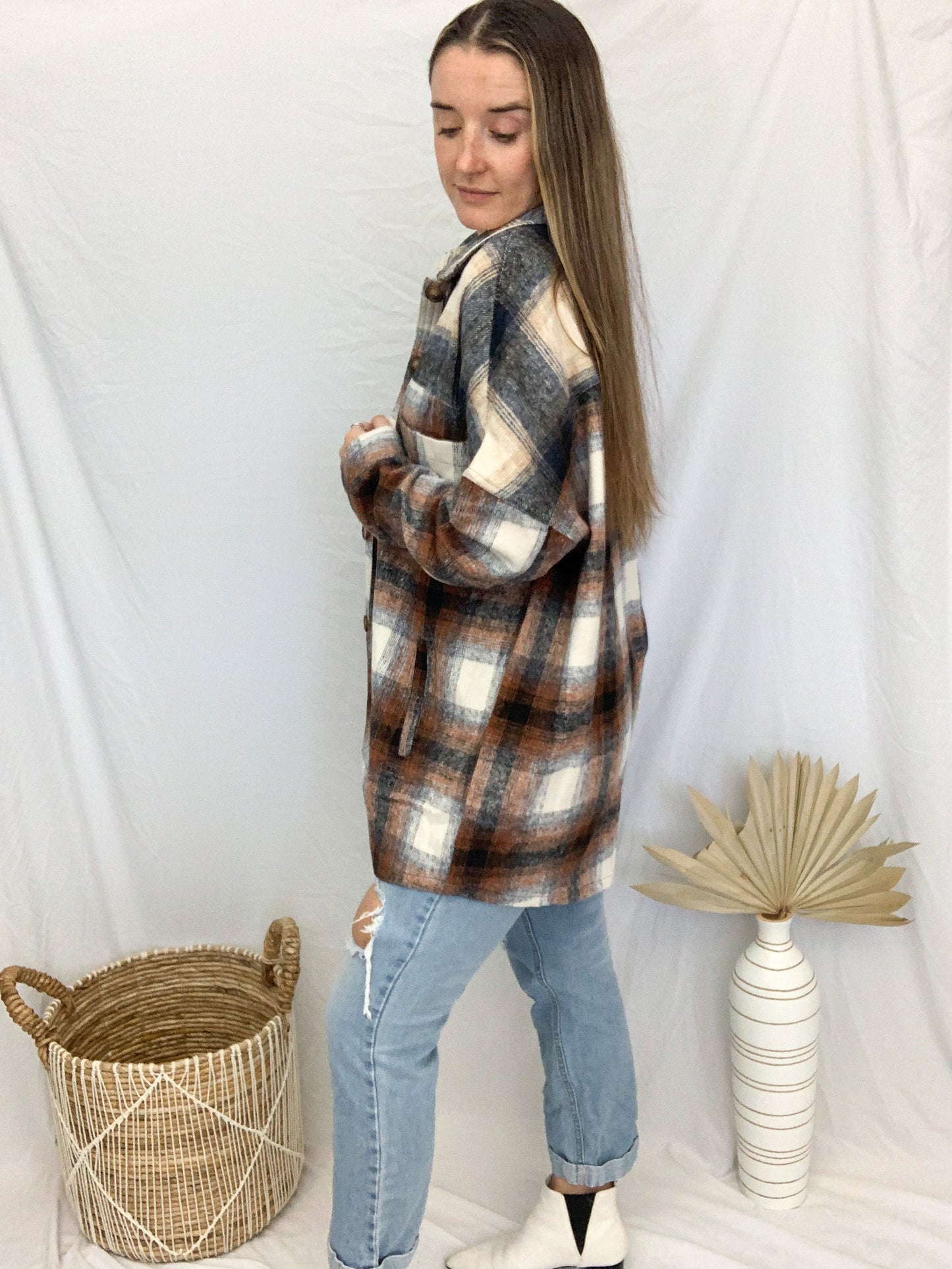 Cove Plaid Button Down Shirt Jacket - Navy/Brown