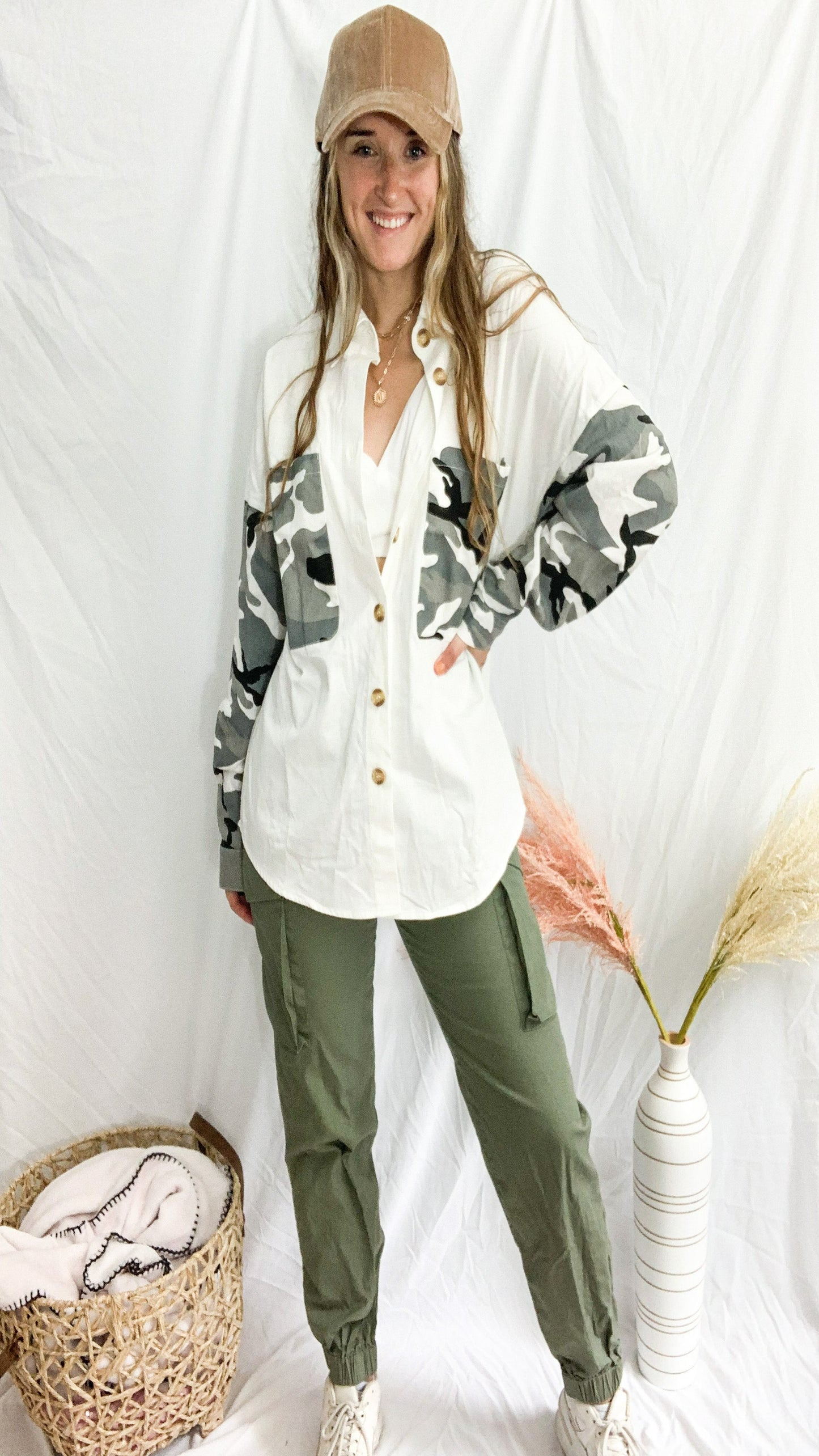 Call You on The Weekend Camo Jacket - Off White/Sage