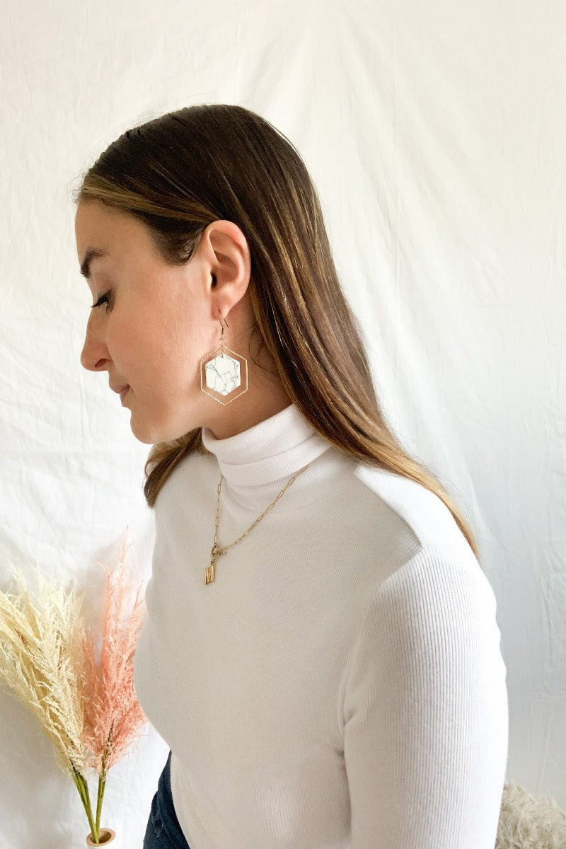 Dress it Up Marble Hexagon Earrings - Marble
