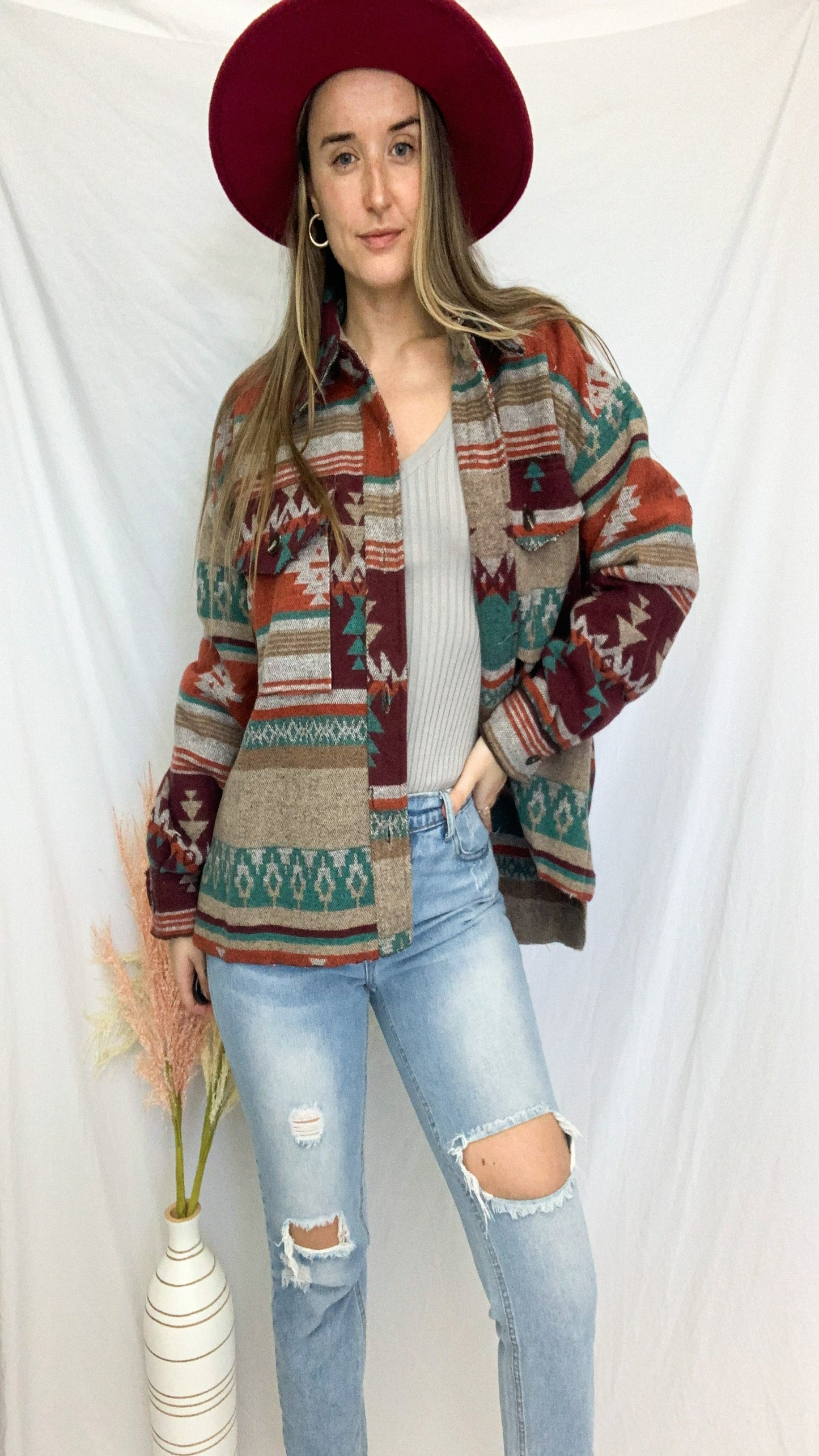 Mariah Aztec Shacket - Rust/Wine
