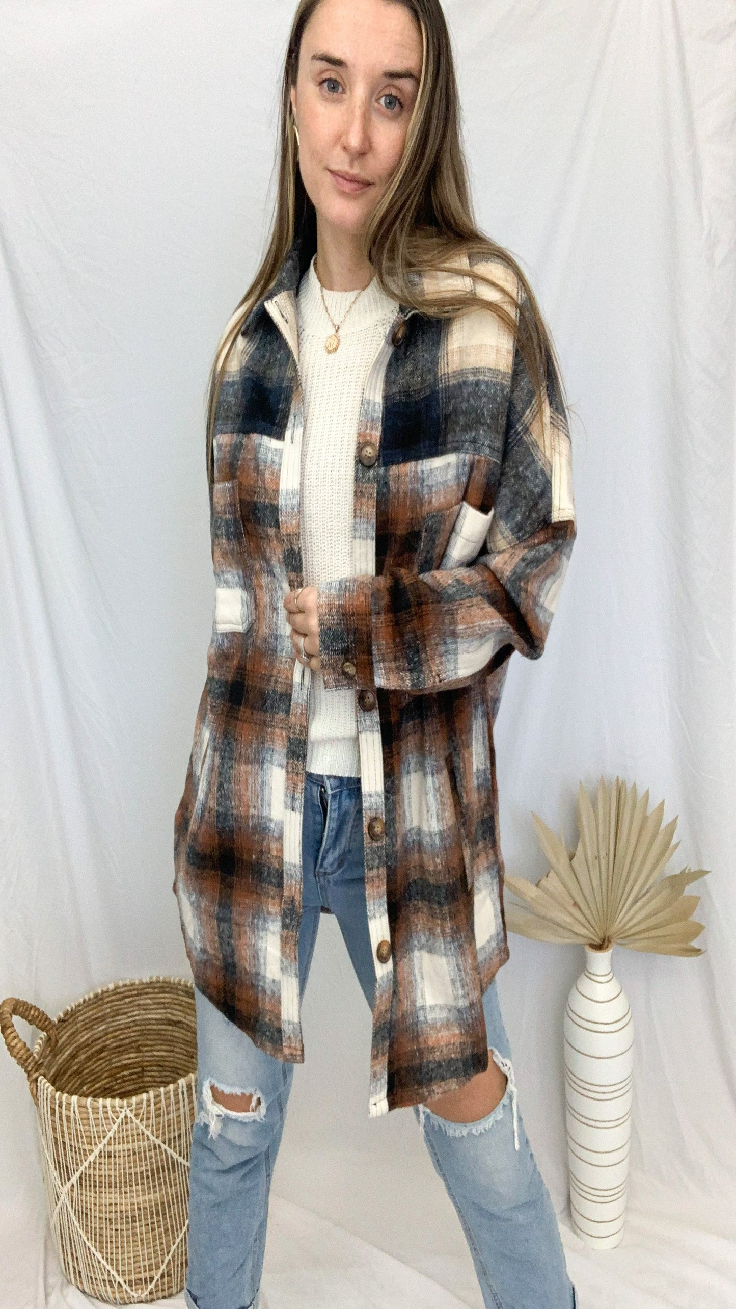 Cove Plaid Button Down Shirt Jacket - Navy/Brown