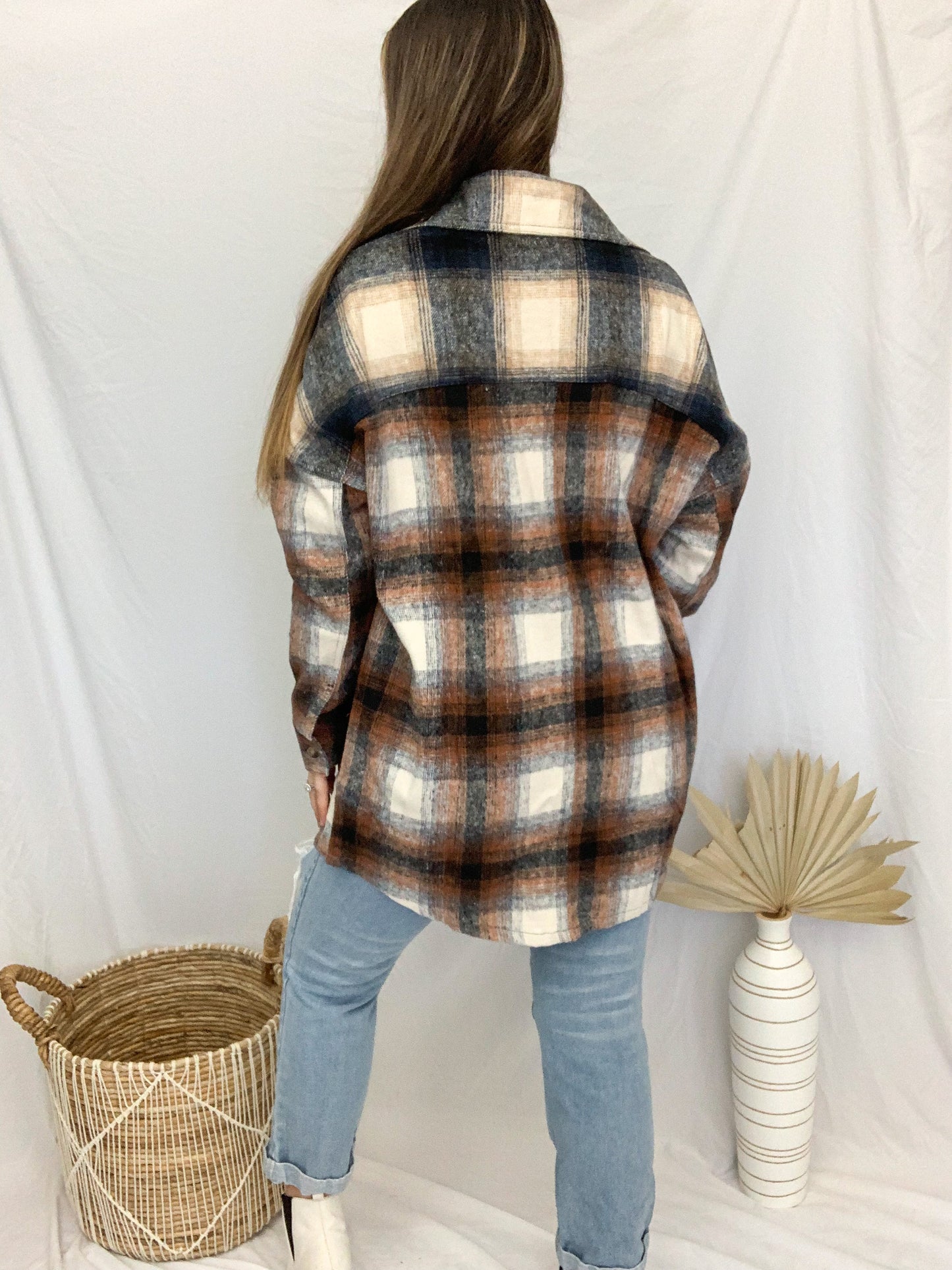 Cove Plaid Button Down Shirt Jacket - Navy/Brown