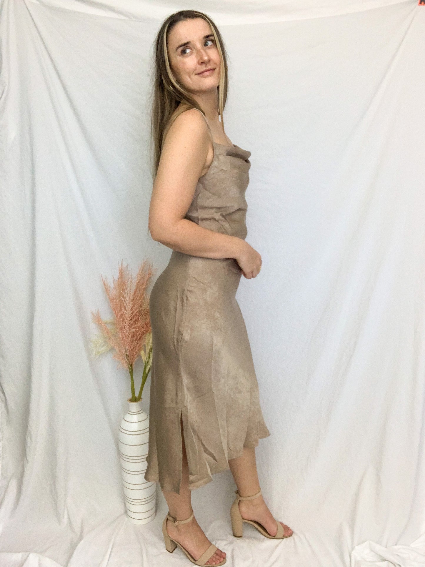 Rene Satin Cowl Dress - Taupe