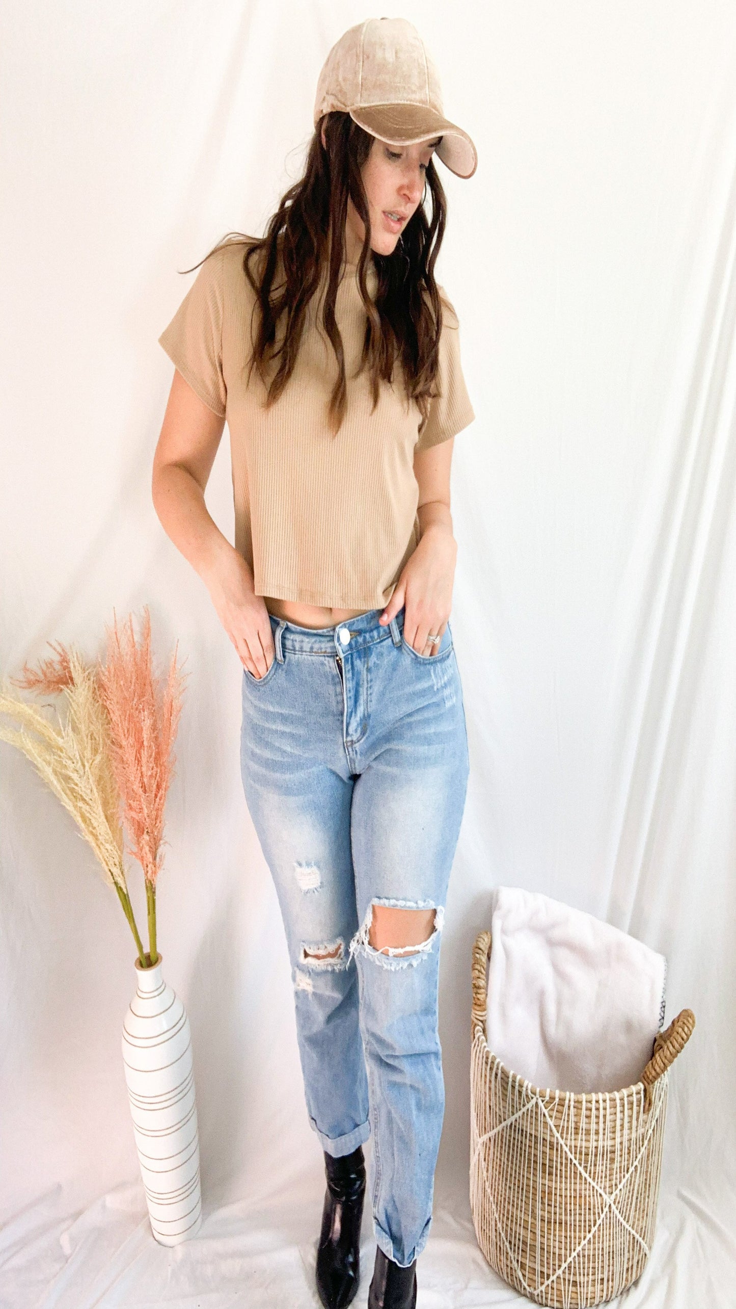 Grab a Chai Latte Velvet Baseball Hat  - Beige