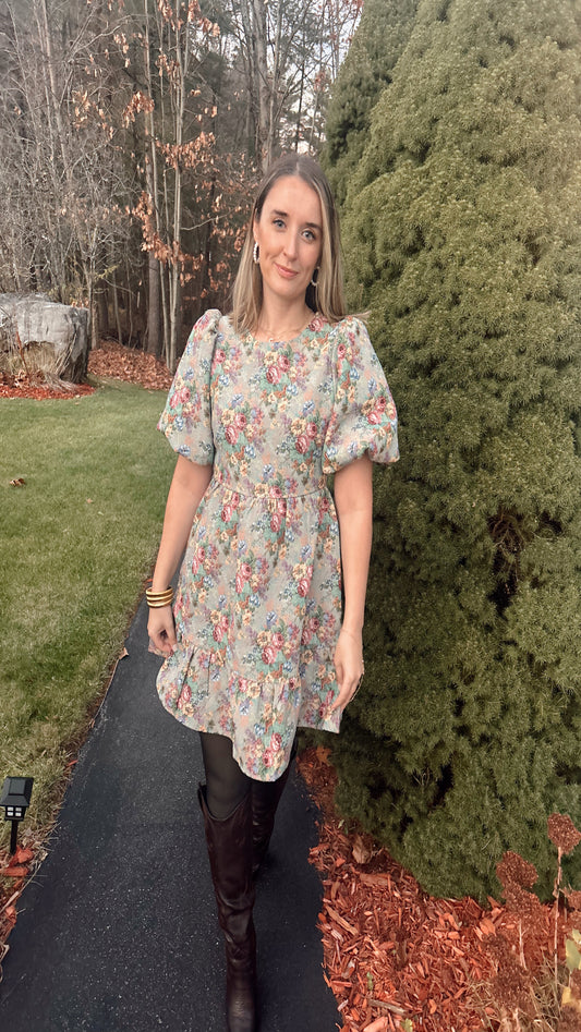 Champagne Fizz Floral Jacquard Dress - Beige