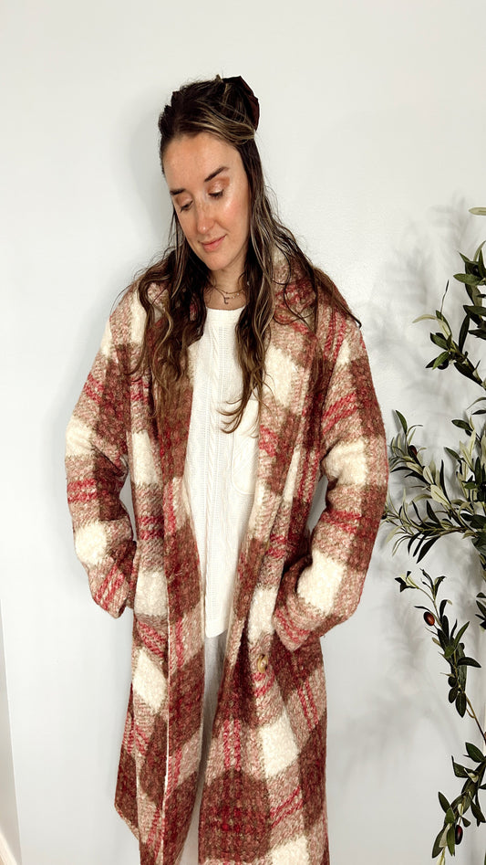 Aspen Morning Oversized Plaid  Button Down Coat - Rose