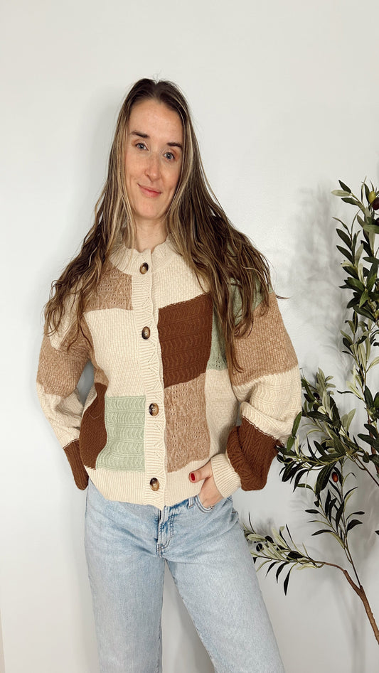 Matcha Latte Colorblock Knit Cardigan - Oatmeal