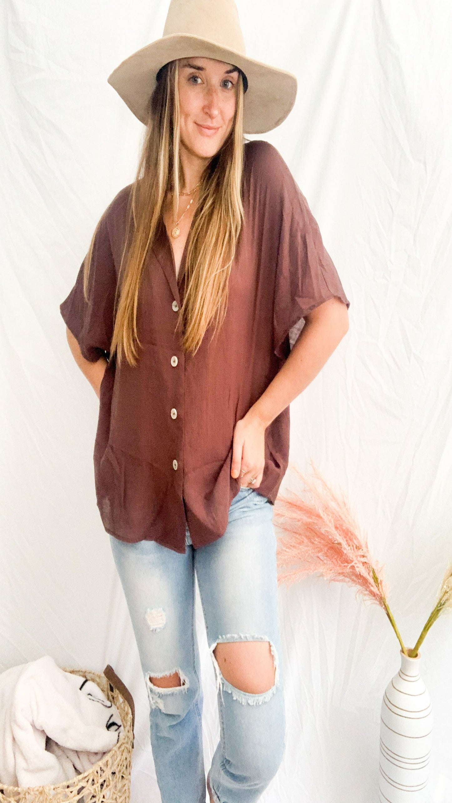Cassie Button Up Blouse- Chocolate